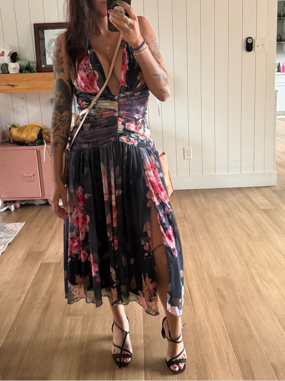 Lulu's Black Floral Wrap-Style Midi Dress with Pink Accents